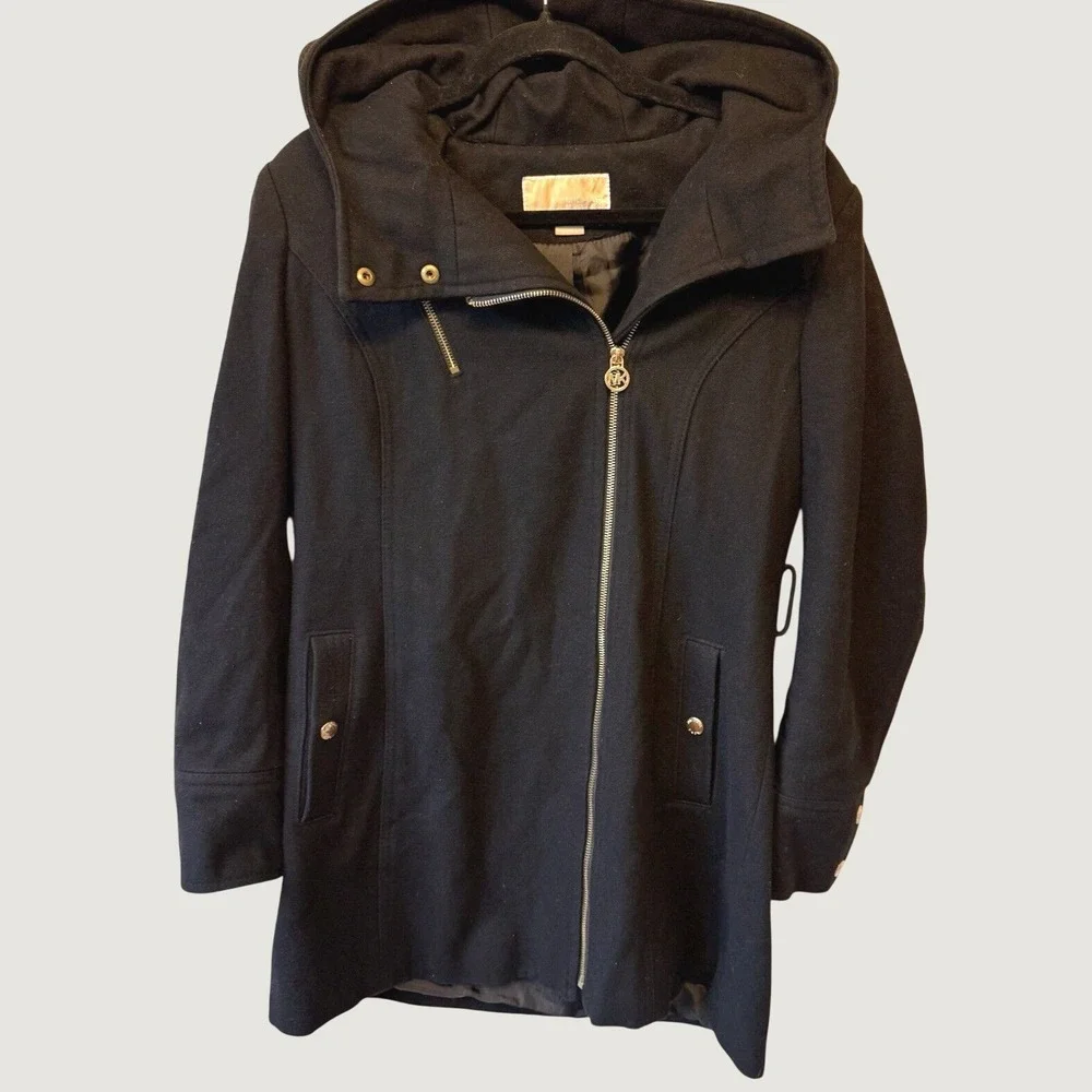 Michael Kors Asymmetrical Zip Hooded Coat Womens 6 Black Wool Blend‎ Gold Tone